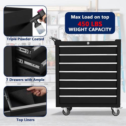 BLACK AND RED GarveeLife 24-Inch Rolling Tool Chest, 7-Drawer Mobile Tool Cabinet with Locking System, Heavy-Duty Rolling Tool Storage for Garage, Workshop, and Home DIY Projects