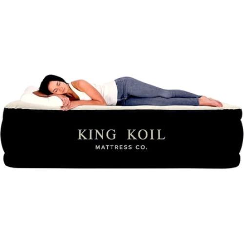King Koil Luxury Air Mattress Queen with Built in Pump, Integrated Premium Pillow Inflatable Airbed for Guests, Camping & Home