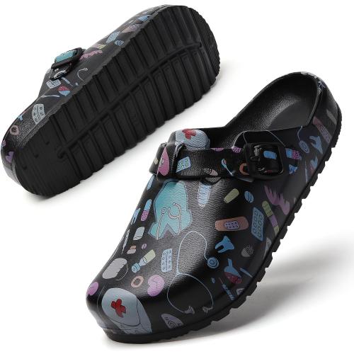 Size 8 Arch Support Nurse Clogs for Women: Non Slip Work Shoes Waterproof Garden Clogs - Adjustable Buckle Mules - Slip-On Cushion Slippers Slides