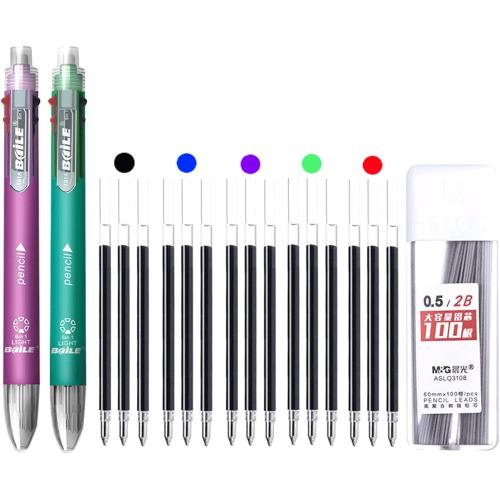 6 in 1 MultiColor Ballpoint Pen Set - 18Pcs Retractable 5 Colors and Mechanical Pencil in One - Multifunction Stationery (Purple&Green), BL-191F