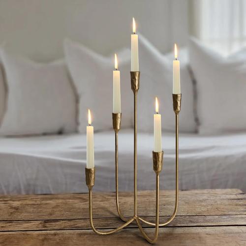 5-Candle Cast Iron Metal Candelabra Candlestick Holders 15 inch | Tall Candle Holder Wedding Event Candelabra Candle Stand Brass Gold