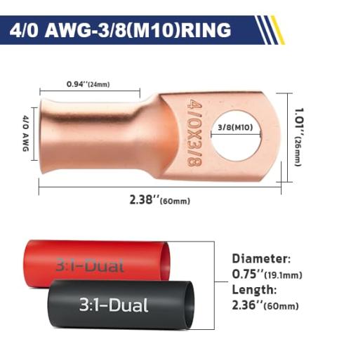 haisstronica 20PCS Battery Cable Lug & Heat Shrink Kit 4/0 AWG 3/8 (M10)