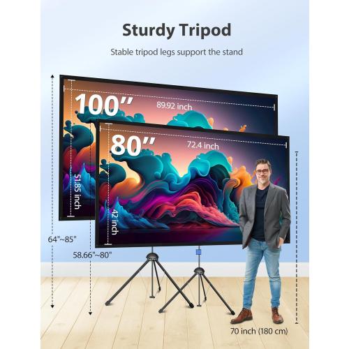 Paris RHÔNE Projector Screen with Stand, 80-inch Outdoor Indoor Projector Screen 16:9 4K HD PVC, 1.5 Gain Portable Wrinkle-Free Movie Screen for Home Backyard Theater with Carry Bag, Ground Nails