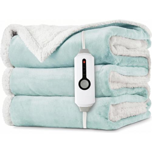 Heated Throw Blanket 50 x 60, Fast Heating Electric Blanket, Dual-Sided Flannel Sherpa, 4 Heat Settings, 3 Hour Auto Off, Machine Washable, Mint Green