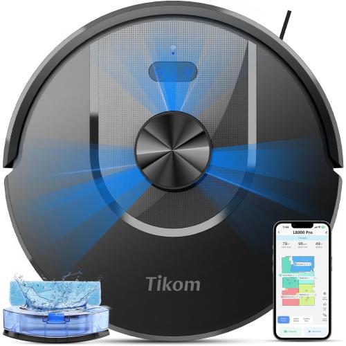 Tikom Robot Vacuum and Mop Combo, 6000Pa Automatic Robotic Vacuum Cleaner, Smart Mapping, 150 Min Max, Ideal for Pet Hair, Hardfloors, Carpets, Home(L8000 Pro)
