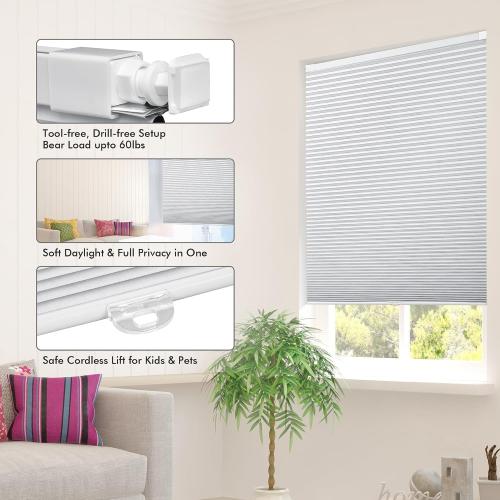 Cordless Cellular Shades, No Drill No Tools Honeycomb Window Blinds, Blackout Light Blocking Cellular Shades for Window, Thermal Insulation Blinds, Easy to Install, White 23 W x 48 H