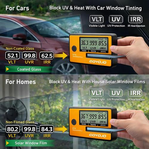 Labs Tint Meter Works on Side Windows, Digital Tint Solar Film Car Transmission Meter with Automatic Calibration, 3-in-1 Solar Film Meter VL UV IR Detection, for Automotive Window Tint Shop Stay Legal
