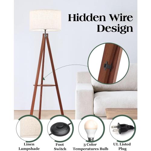 ELYONA Mid Century Floor Lamp with 3 Color Temperatures LED Bulb, Modern Wood Tripod Table Reading Standing Light, Wooden Shelf Floor Lamp for Farmhouse Living Room Bedroom Office Linen Shade Brown