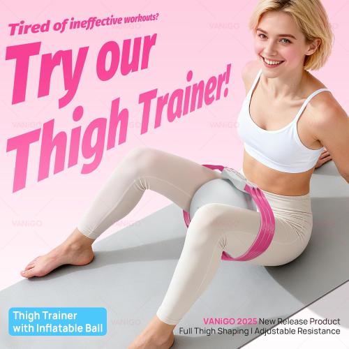 Thigh Trainer with Inflatable Resistance Ball, Adjustable 120 LB Inner & Outer Thigh Exerciser, Kegel Pelvic Floor & Hip Trainer for Women, Home Leg Equipment Compact Resistance Bands Fitness