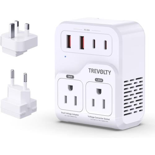 2000W Voltage Converter US to Europe for Hair Dryers, 7-in-1 220V to 110V Converter for European Travel with 3 AC/2 USBA/2 USBC Ports (PD20W), Universal Travel Adapter with Type G C Plugs