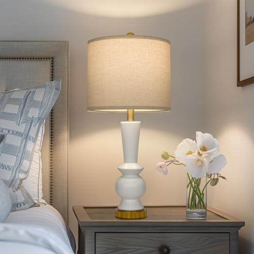 PORTRES 27 Modern Ceramic Table Lamp Set of 2 for Living Room White & Gold Bedside Lamps for Bedroom Nightstand Lamp Tall End Table Lamps