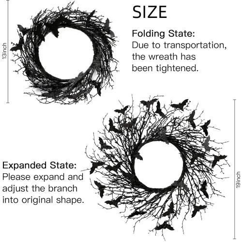 Sggvecsy 17.7Artificial Black Twig Wreath with Glitter Bats - Handmade Sparkling Hanging Decorations for Front Door, Indoor/Outdoor Halloween Party