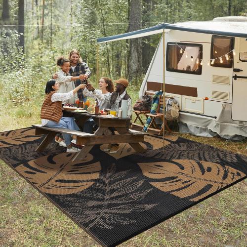 Outdoor Rug 9x18 Patio Waterproof, Foldable Reversible Outdoor Plastic Straw Rug Leaf Mat for Camper Outside Carpet for Rv, Deck, Porch, Picnic, Beach, Balcony Leaf|Black&Brown