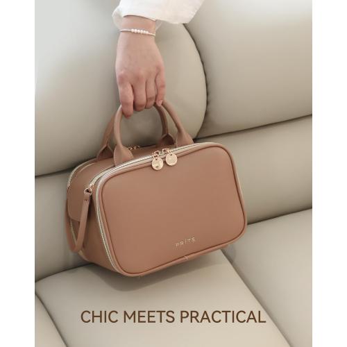 Prite Large Makeup Bag, Waterproof Travel Cosmetic Case with Brush Holder