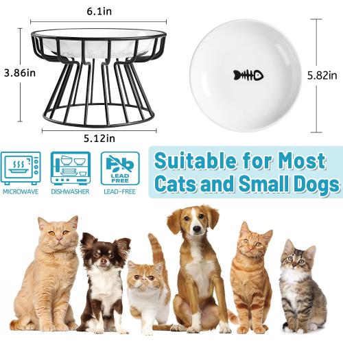 Cat Bowls, Elevated Cat Bowl, Raised Ceramic Dish with Metal Stand, Pet Water or Food Feeding Station for Indoor Cats, Kitten, Puppies and Small Dogs, Dishwasher Safe