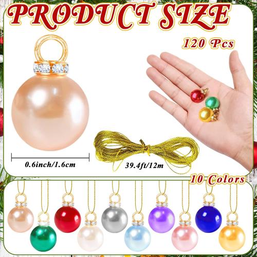 120 PCS Mini Christmas Balls Ornaments,0.6/16mm Miniature Glitter Balls,Hanging Ornament Pendants for Xmas Tree,DIY Craft,Outdoor Indoor Decor(10 Colors)