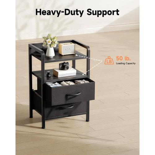 Lazzanto Nightstand with Rear Charging Station, LED Light, 2 Drawers, Black
