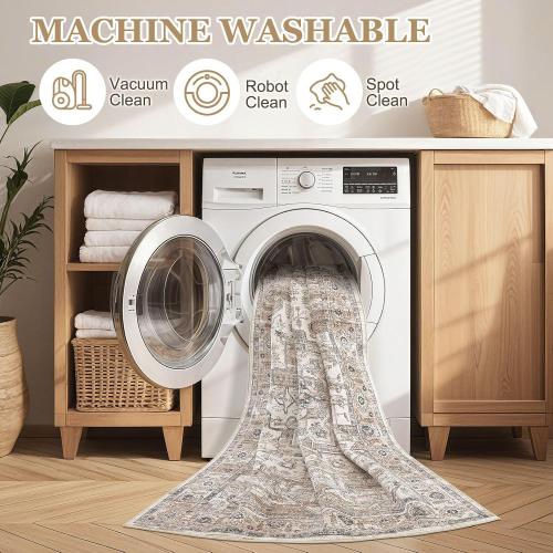 Area Rug 7x9 Washable Vintage - Soft Traditional Rugs for Living Room Large Non Slip Backing with Low Pile Farmhouse Oriental Retro Carpet for Bedroom Dining Room or Home Office - Tea Brown