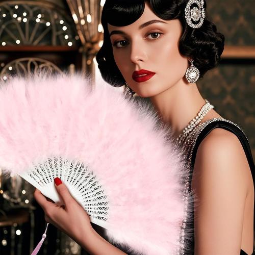 EOSAU Marabou Feather Fans Handheld, 1920s Vintage Hand Fan Foldable Pink