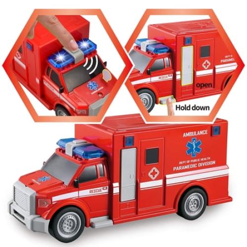 JOYIN 4 Pcs 7 Long Vehicle Toy Set, Toddlers Cars with Lights and Siren Sound,Birthday Party Gifts Toys for Boys 3-5
