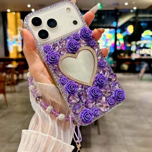 Changjia for iPhone 18 Pro Max/iPhone 17 Pro Max Glitter Bling Case,Cute 3D Sparkle Heart Makeup Mirror Crystal Rhinestone Flower Diamond Gems with Lanyard Wrist Strap Case for Women Girls 6.9,Purple