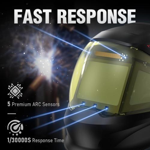 YESWELDER Auto-Adjust Welding Helmet, Internal LCD Control, Panoramic View | 180° auto-darkening, 1/1/1/1 true color, intelligent auto shade, 5 arc sensors, shade 3/4–8/9–14, customized memory presets