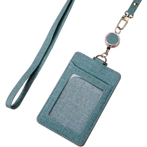 Larpur Vertical ID Badge Holders PU Leather ID Card Holder Detachable Neck Lanyard and Retractable Reel with 1 Clear Window & 2 Card Slots (Lake Blue)