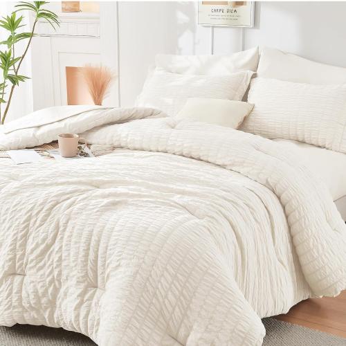 HYMOKEGE Ivory King Size Comforter Set Seersucker 7 Pieces, All Season Luxury Bed in a Bag for Bedroom, Bedding Set with Comforters, Sheets, Pillowcases & Shams