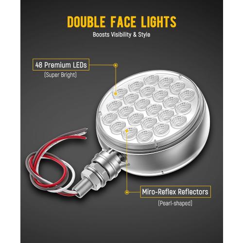 Partsam 2Pcs Double Face Round LED Pedestal Lights Fender Stop Turn Signal Tail Brake Lights Clear Lens 48 LED Post Mount Semi Trailer Replacement for Trailers Trucks, 10-30V