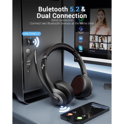 JIAMQISHI Wireless Headset with Mic for Work, Bluetooth V5.2 Headphones with Noise Cancelling Microphone, USB Dongle, Clear Calls & Mic Mute, for Laptop, PC, iPhone & Android Phones