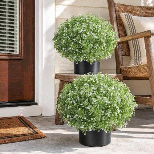2 Pack Fake Potted Plants Artificial Plants for Outdoors Decor, Green White