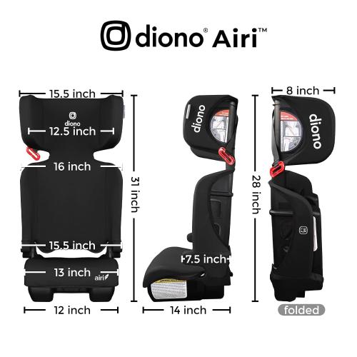 Diono Airi Travel High Back Booster Seat, Foldable Slim 3‑Across Fit, Black