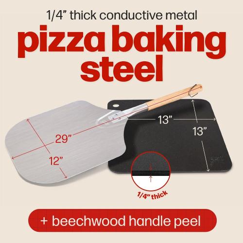 Pizza Steel PRO by Hans Grill | XL 1/4 Thick Square Conductive Metal Baking Steel for Oven and BBQ Cooking Pizzas | Bake and Grill Bread and Calzone with our Cast Iron Pizza Stone | Cast Iron Pizza Stone, Conductive Metal, Easy to Clean Surface, 13 x 13 inches, Includes Beechwood Handle Metal Pizza Peel