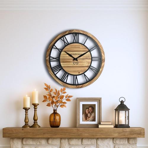 Montoire Size  24 Inch Wooden Farmhouse Wall Clock, Extra Large for Living Room Decor - Big Rustic Wood Large Round Wall Clock 24 Inches or Larger, Battery Operated with Decorative Roman Numerals