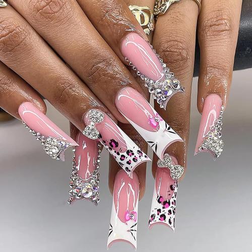 BABALAL Acrylic Press on Nails Long Square Fake Nails White French Glue ons False Nails Y2k Cat Kitten & Metallic Bow Charm Design 24Pcs Luxury Bling Rhinestone Squoval