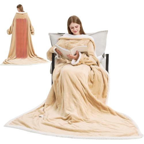 Heated Blanket, 55×80 Wearable Electric Blanket with Sleeves, Sherpa Snuggle Throw Blanket, Warm Gift for Grandma, Mom, Dad, (Camel)