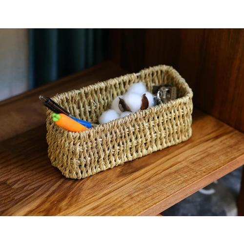 Ellinia Woven Hanging Wall Basket for Storage, Seagrass Woven Wall Mount Organizer Baskets, Wicker Wall Shelves for Mail Storage, Remote Control Holder, Toilet Tank Basket, Set of 2