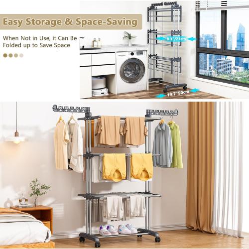 Upgraded 4-Tier Clothes Drying Rack, Drying Rack Clothing with Wheels | Large Foldable Laundry Drying Rack, Clothes Rack with Side Hooks for Indoor Outdoor Air Drying, 19.68D x 29.9W x 67.7H