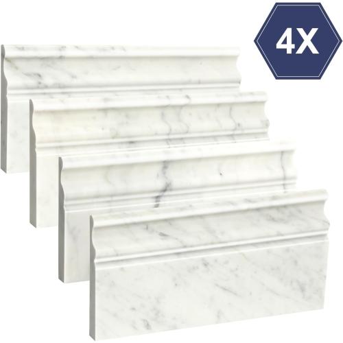 4 Pack Carrara White Marble Baseboard Trim Molding 5 x12'' Polished Wall Base Moulding for Bathroom Wall and Kitchen Backsplas