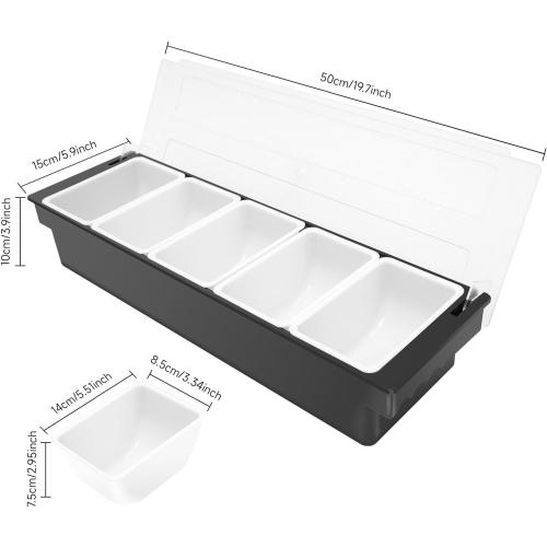 5 Compartment Condiment Serving Container, Fruit, Veggie & Condiment Caddy with Lid, Plastic Dispenser Tray Garnish Station for Bartending & Serving Taco, Ice Cream, Salad Bar, Black   White