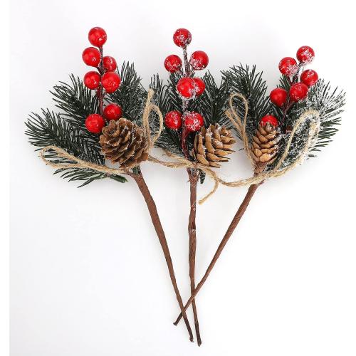 Christmas Pine Picks, 6inch Christmas Red Berry Picks Stems, Artificial Pine Cones Holly Stem Craft, Winter Holiday Flocked Holly Floral Picks for Crafts DIY Xmas Tree Ornaments