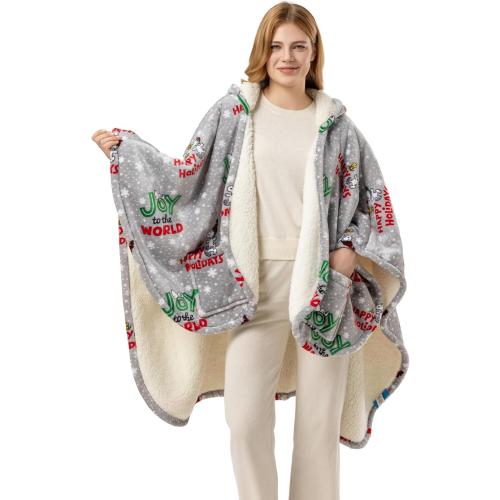Berkshire Blanket Peanuts® Sherpa Wearable Blanket Hoodie, Cute Character Snoopy Plush Hooded Shawl Blanket
