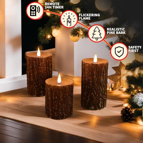 NICEME LED Pine Bark Flameless Candles Set of 3 Real Wax Battery Operated Candles Flickering Teardrop Wick Electric Decorative Pillar Bark Candles with Remote Timer, D3 x H4 5 6