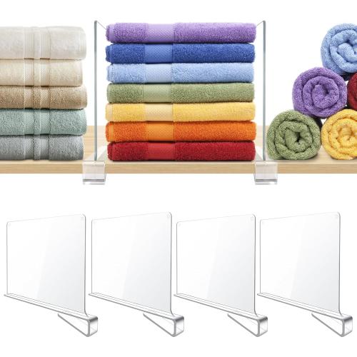 BAUMFEUER 4 Pack Clear Acrylic Shelf Dividers for Closet Shelf Organizer of Bedroom Kitchen Office Bathroom Organizer for Clothes Books Hats and Handbags