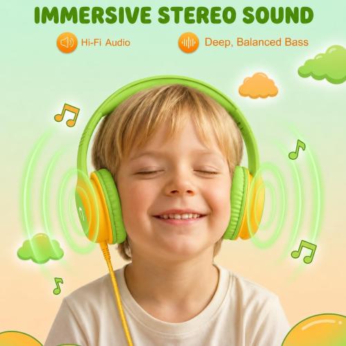 ADOOPE Wired Kids Headphones with USB C Plug, 85dB Safe Volume, Adjustable Headband, Tangle-Free Cord Headphones for School, Tablet, Travel (Lime Green & Orange, Without Microphone)