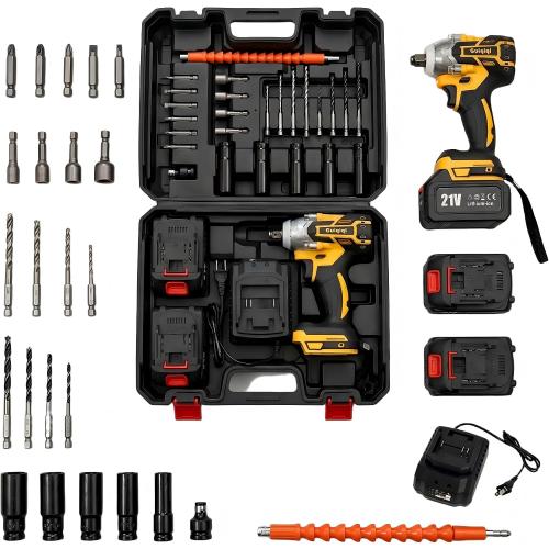 21V Brushless Impact Wrench Set, 1/2 Cordless Power Tool with 2 Lithium Ion Batteries, Charger, Sleeve Adapters and Accessories for Car Maintenance (2Highcapacity battery Toolbox)