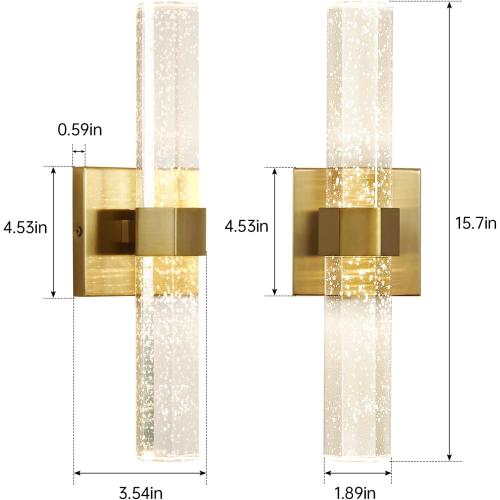 Epinl Gold Wall Sconces Set of Two - Bathroom Sconces Wall Lighting 14W Dimmable LED Crystal Wall Light with Bubble Glass 15.7inch Indoor Vanity Lights for Bathroom Hallway Bedroom (2 Pack)