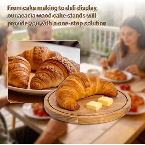 Rotating Cake Stand with Lid, 12in Wooden Cake Holder with Acrylic Dome, Flat Bottom Round Dessert Stand, Cake Display Stand for Baking, Wedding, Kitchen, Birthday, Parties(Not Glass Lid)