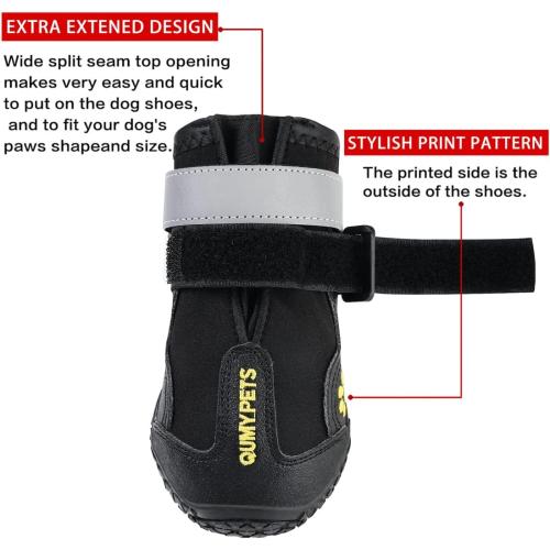 QUMY Dog Shoes for Hot Pavement, Dog Snow Boots & Paw Protectors for Winter | Dog Booties Medium Large Size Dogs, Water-resistant in the Rain, Outdoor Walking, Indoor Hardfloors Skid-resistant Sole Black