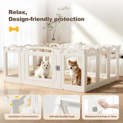 Foldable Clear Acrylic Dog Playpen with Door,  Acrylic Puppy Playpen, Easy Assemble Indoor Pet Fence with White Frame, Clear Dog Playpen for Puppies & Animal
